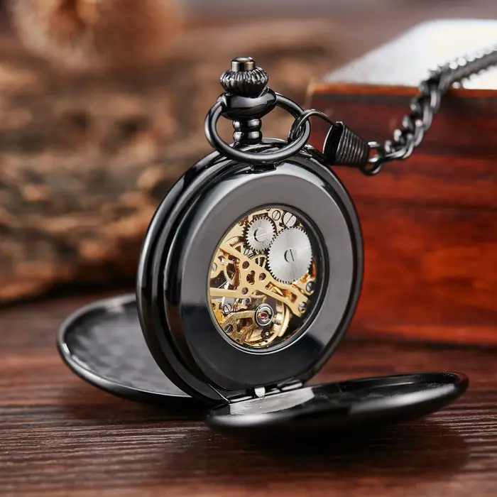 Montre de poche mécanique classique double face remontage manuel surface lisse creux chiffre romain hommes femmes