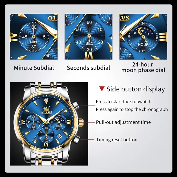 OLEVS 3639 Phase de lune Original hommes montres classique trois yeux 30m étanche lumineux chronographe Quartz montre-bracelet marque montre