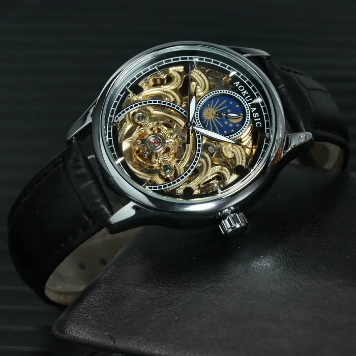 AOKULASIC Tourbillon hommes montres haut de gamme de luxe squelette automatique montre mécanique bracelet en cuir décontracté Phase solaire mâle horloge