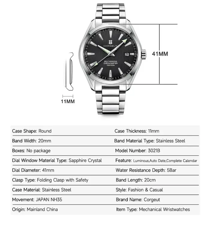 Corgeut 41mm luxe NH35 Movt homme Sport horloge automatique Relogio Masculino mécanique montre-brace