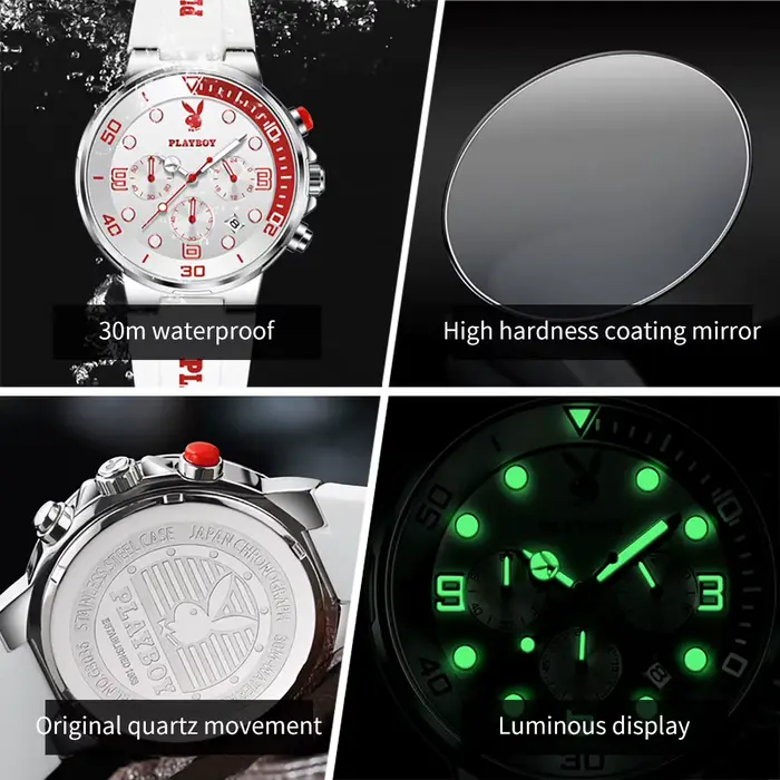 Montre Playboy homme quartz étanche chronographe bracelet silicone casual élégance sportive occasions spéciales