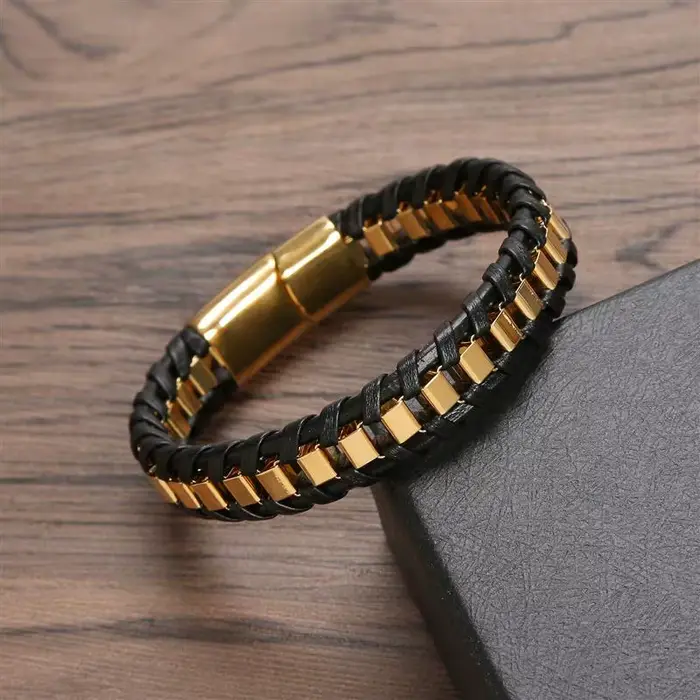 Bracelet tressé en acier inoxydable et cuir tissé à la main pour hommes