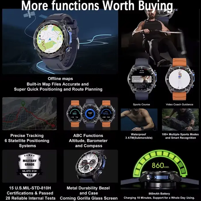 Montre connectée GPS avec carte terrain, résistante aux chocs, pour sportifs et aventuriers, suivi de fitness, sommeil et fréquence cardiaque, étanche jusqu'à 100m