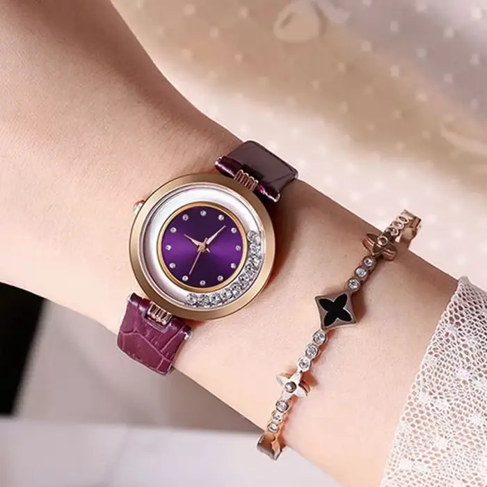 Montre à Quartz Analogique avec Ceinture en Cuir et Diamant pour Femme