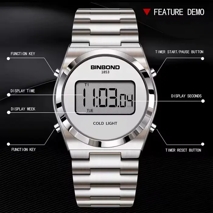 BINBOND montre de sport numérique pour hommes de luxe en acier inoxydable électronique étanche