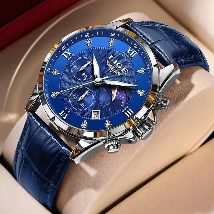 LIGE montre en cuir bleu hommes mode affaires montres militaires