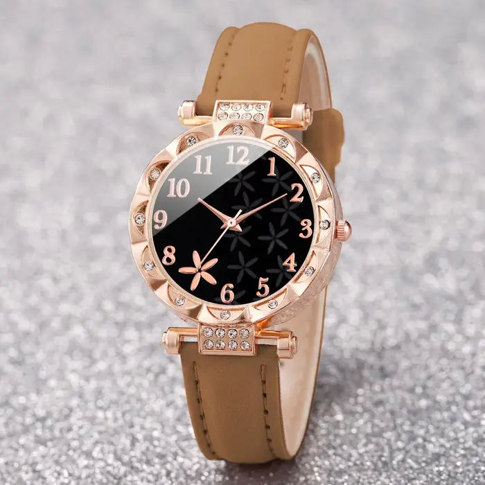 7 pièces/ensemble mode strass montre pour femme bracelet en cuir femme montres à Quartz (sans boîte)