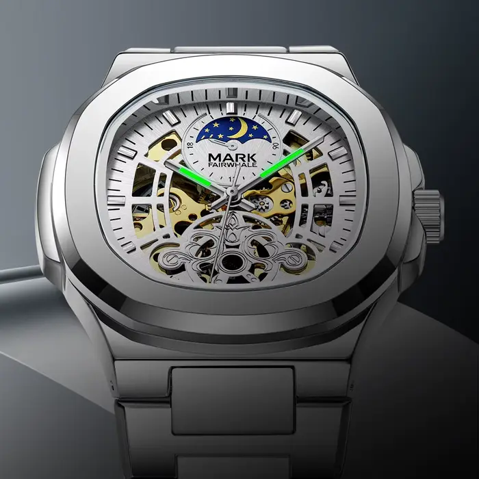 Mark Fairwhale marque Tourbillon squelette de luxe affaires montre automatique homme carré étanche Phase de lune montres mécaniques hommes
