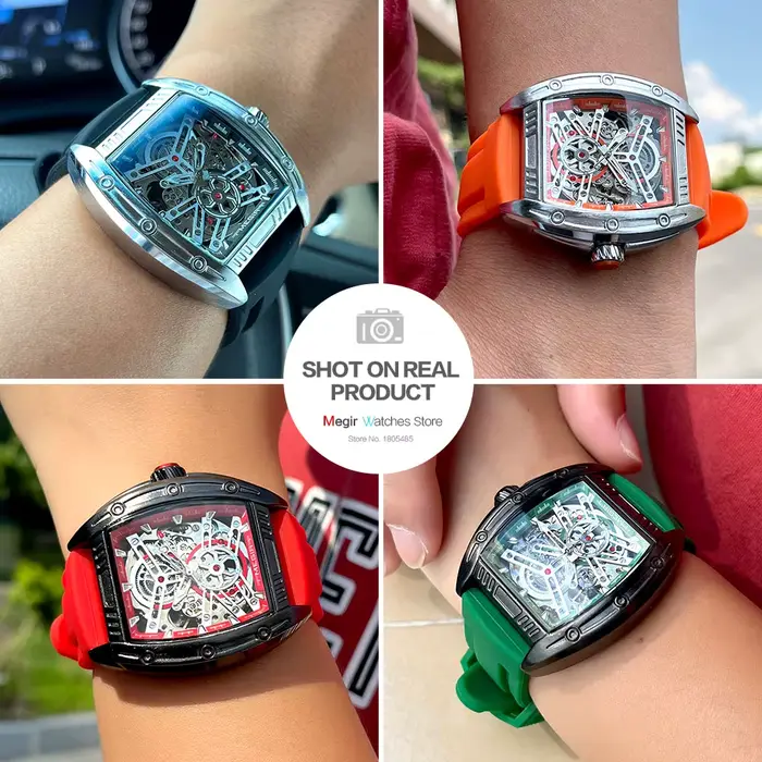 Montre mécanique orange tendance MEGIR pour homme