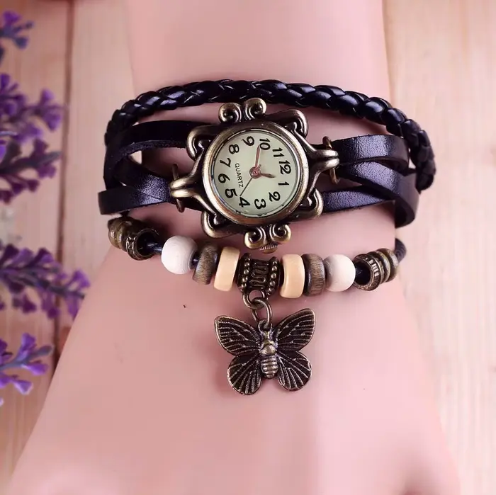 Antique femmes montre en cuir enveloppé Bracelet
