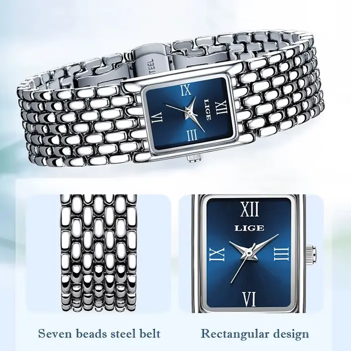 LIGE montre en argent pour femmes carré dames montres à Quartz en acier inoxydable