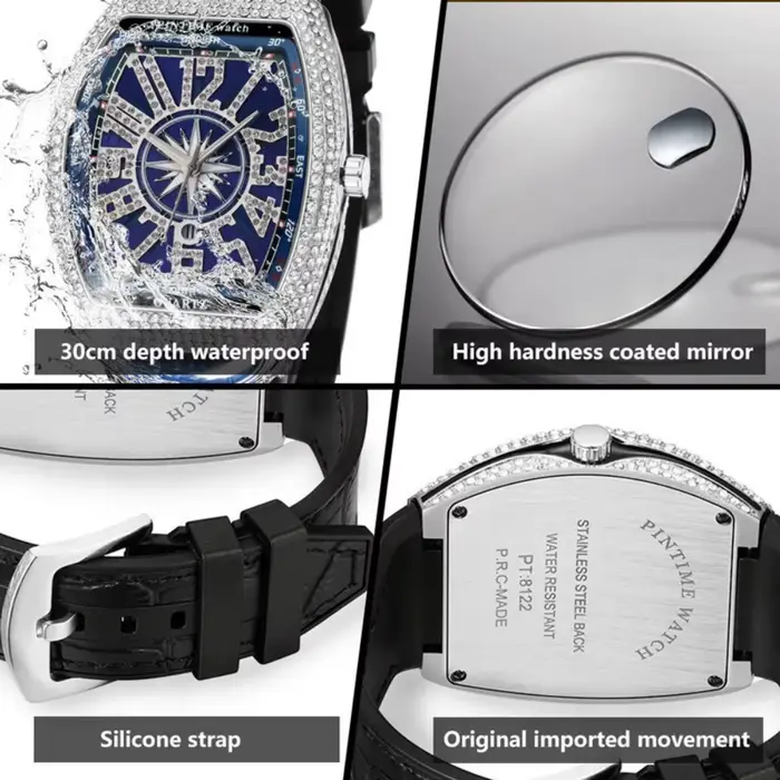Montre en diamant pour hommes, montres à quartz tonneau élégantes résistantes à l'eau et aux chocs pour différentes occasions