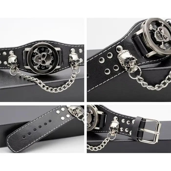 Montre à quartz tête de mort en cuir noir pour homme