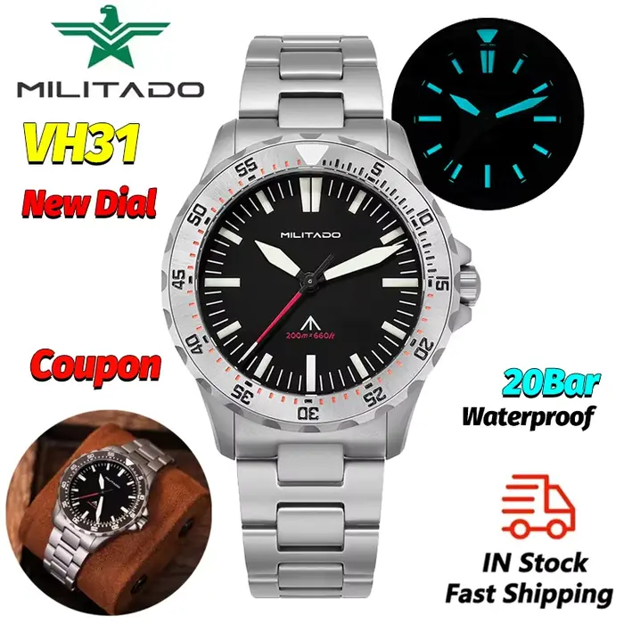 Militado ML16 nouvelle montre à quartz VH31\Ronda 515 39mm montres vintage cristal saphir 20 bars étanche lumineuse