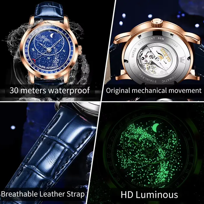 Montre mécanique automatique OLEVS 9923 phase de lune bracelet en cuir étanche pour homme occasions spéciales nocturnes