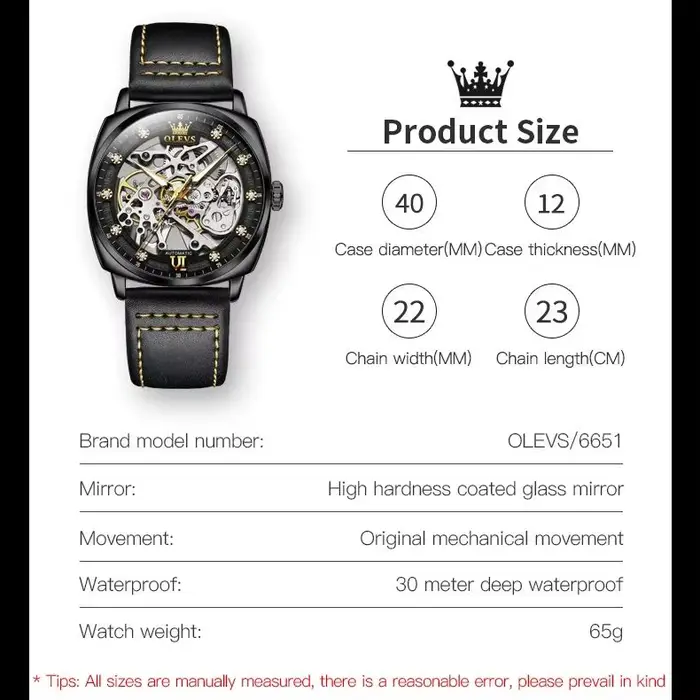 OLEVS 6651 montre automatique pour hommes bracelet en cuir entièrement creux montre-bracelet homme
