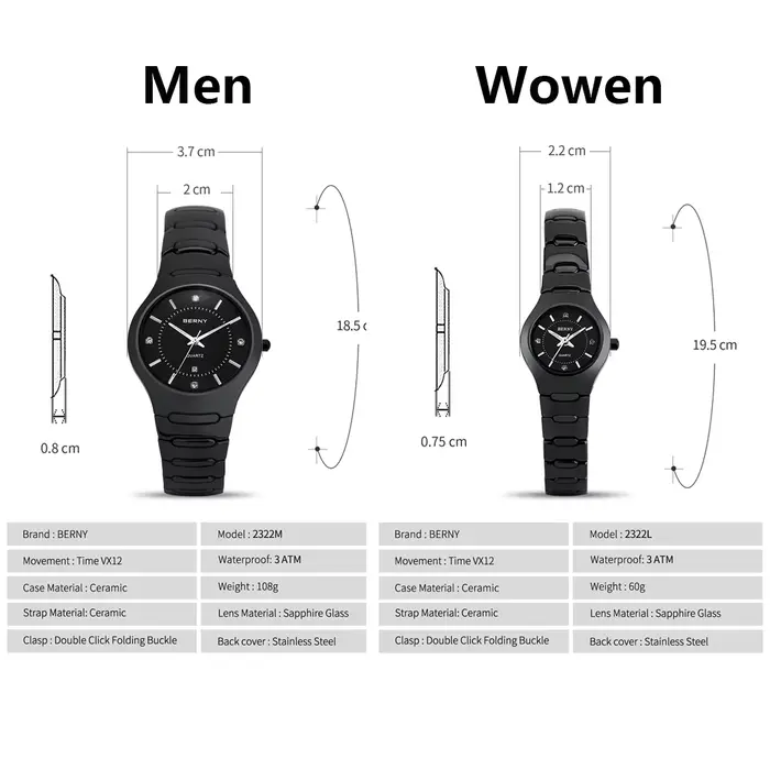 Montre à quartz en céramique BERNY pour homme/femme