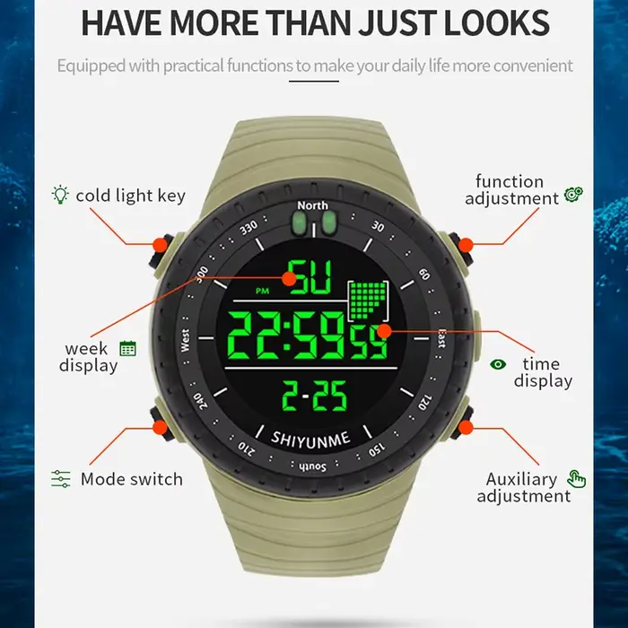 Montre sport étanche 50m avec affichage LED lumineux, chronographe, calendrier complet et alarme pour homme occasions spéciales