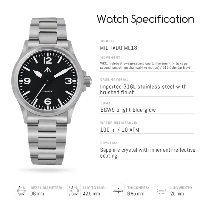 MILITADO ML18 36mm montre VH31 balayage deuxième mouvement à Quartz 316L acier saphir BGW9 Lume 100M étanche montre-bracelet pour hommes