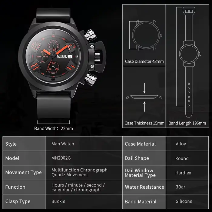 MEGIR hommes montres de luxe Sport militaire chronographe étanche Date mode Quartz montre-bracelet grand cadran Relogio Masculino 2002