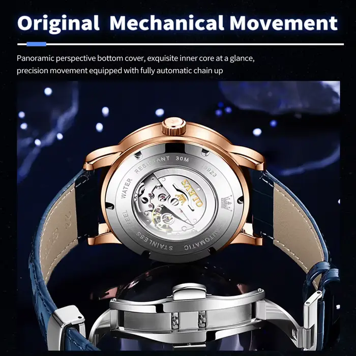 Montre mécanique automatique OLEVS 9923 phase de lune bracelet en cuir étanche pour homme occasions spéciales nocturnes