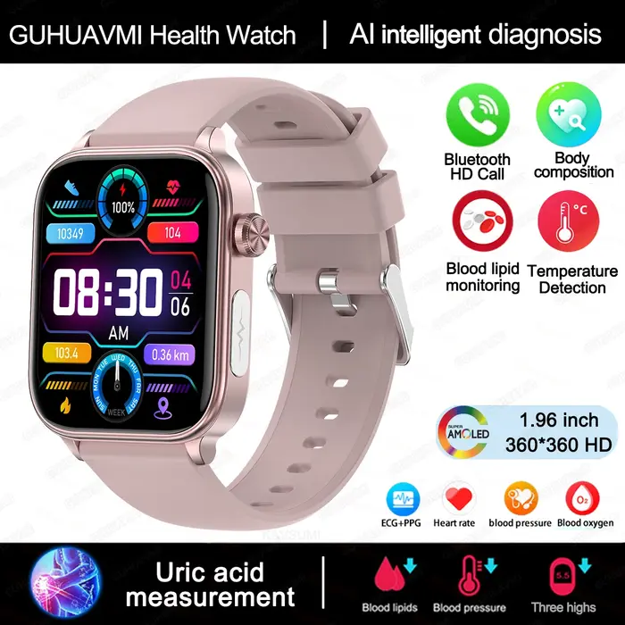 2025 nouveau ECG + PPG surveillance montre intelligente femmes pression artérielle lipïde sang acide uricique