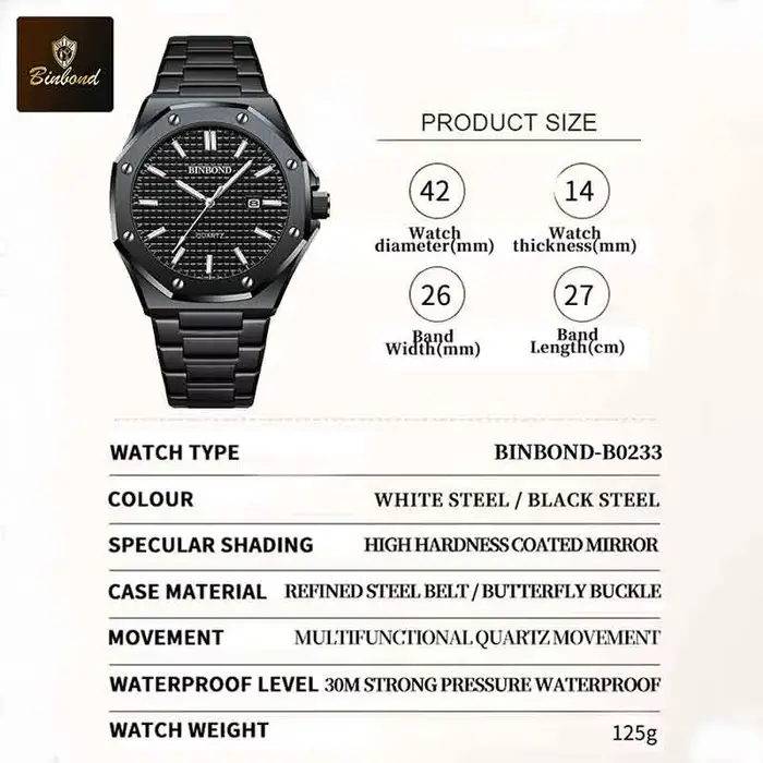 BINBOND chaud nouveau homme montre bracelet en alliage avec vis octogonale anneau décoratif mouvement à Quartz haut de