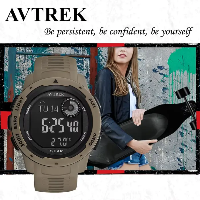 Montre numérique AVTREK pour homme avec boussole et podomètre résistante à l'eau pour activités outdoor et sports de plein air