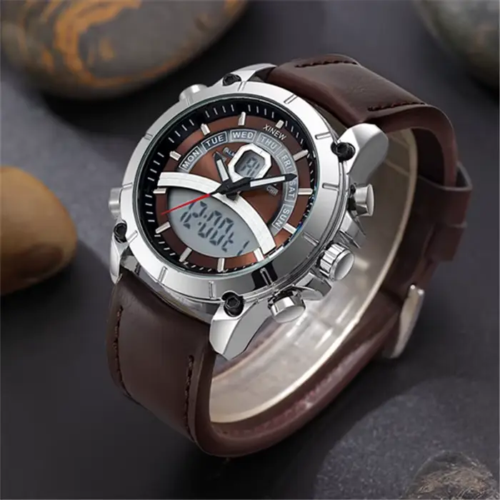 Montre homme XINEW à quartz avec double affichage analogique-digital, bracelet en cuir, chronographe et répéteur pour occasions spéciales