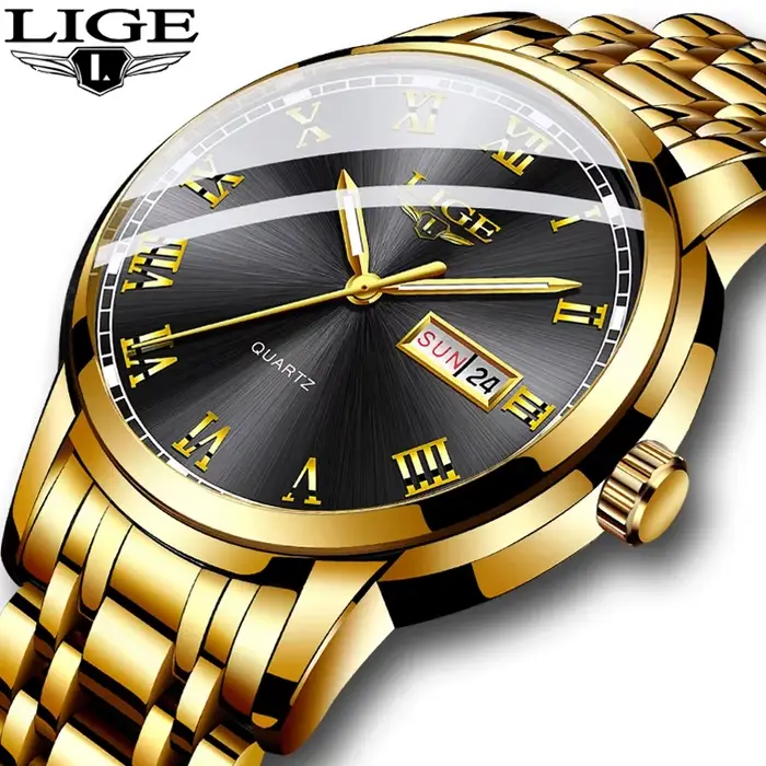 Montre Quartz Dorée LIGE pour Homme Occasions Spéciales Horlogerie Luxe Business Casual