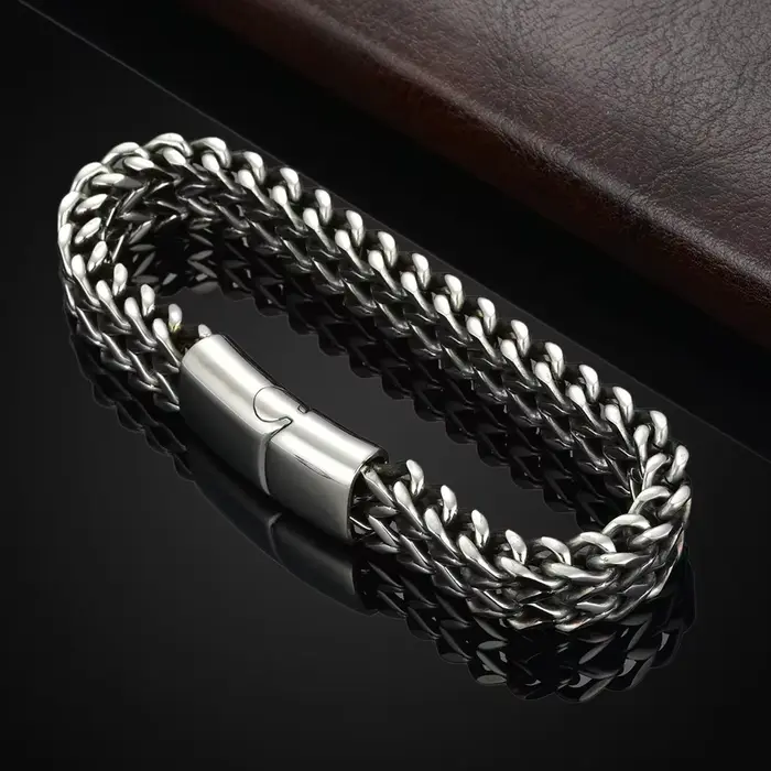 Bracelet en acier inoxydable double rangée motif écailles de poisson