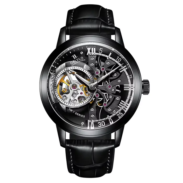 OBLVLO luxe rétro 45mm cadran squelette montres automatiques pour hommes bracelet en cuir de veau cr
