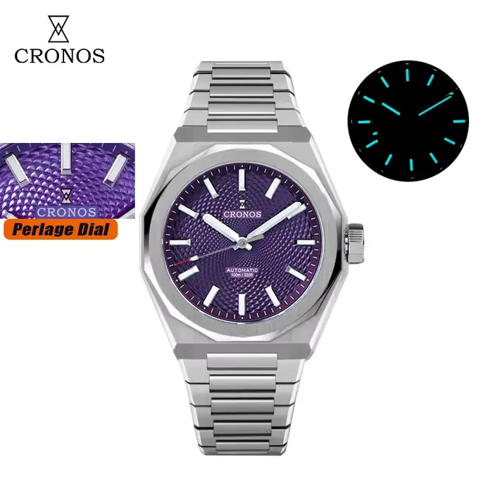 Montre de luxe mécanique Cronos en acier inoxydable avec cristal de saphir résistant à l'eau pour homme occasions spéciales