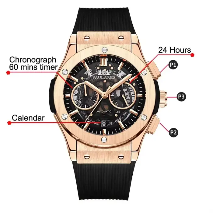 Montre-bracelet automatique de luxe pour homme avec chronographe squelette, or rose, argent, bronze, brun, café, ivoire, multicolore, or rose, or, occasion spéciale homme
