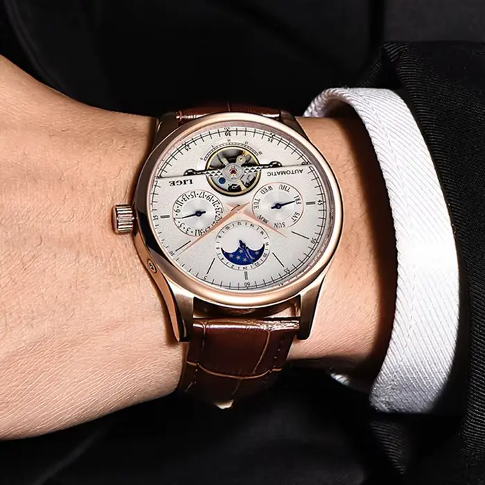 LIGE marque classique hommes rétro montres automatique mécanique montre Tourbillon horloge en cuir véritable étanche militaire montre-bracelet