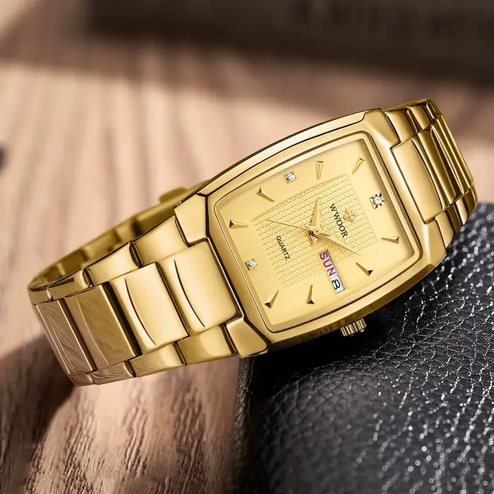 Montre-bracelet carrée en acier inoxydable doré pour homme