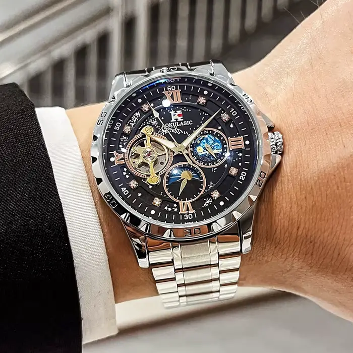Montre multifonctionnelle homme automatique avec phase de lune lumineuse cadran 43mm résistante à l'eau occassions spéciales