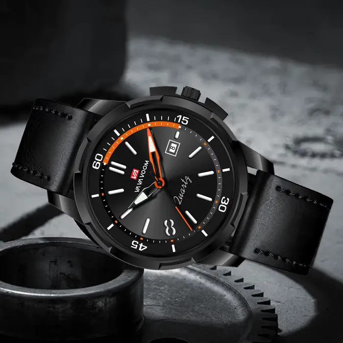 VA VA VOOM montre militaire en cuir noir avec grand cadran 46 mm mouvement à quartz style d'affaires