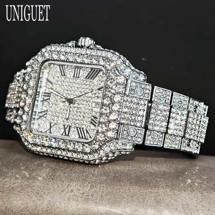 Montre de luxe carrée en acier inoxydable avec affichage lumineux et date automatique pour hommes mode Hip Hop occassions spéciales