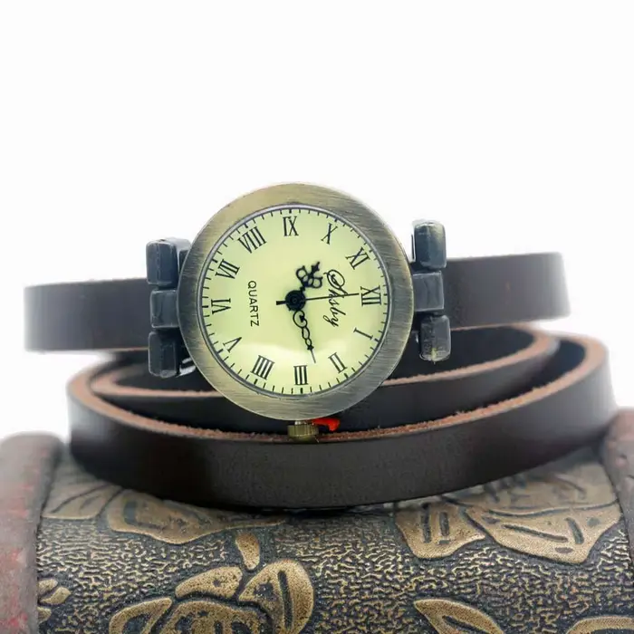 Shsby mode vente chaude femmes longue en cuir véritable femme montre ROMA vintage bronze montre femm