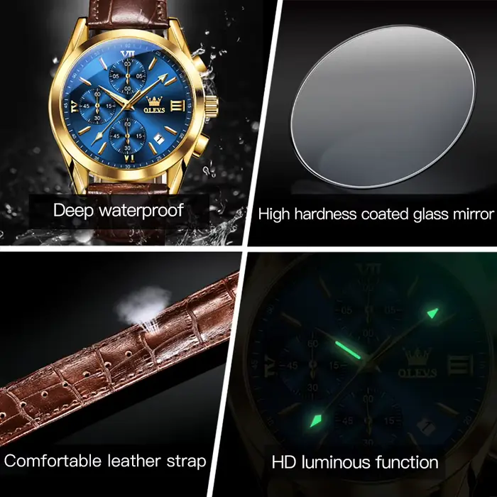 Montre OLEVS 2872 en acier inoxydable avec bracelet en cuir, résistante à l'eau, pour homme avec chronographe et calendrier complet pour différentes occasions