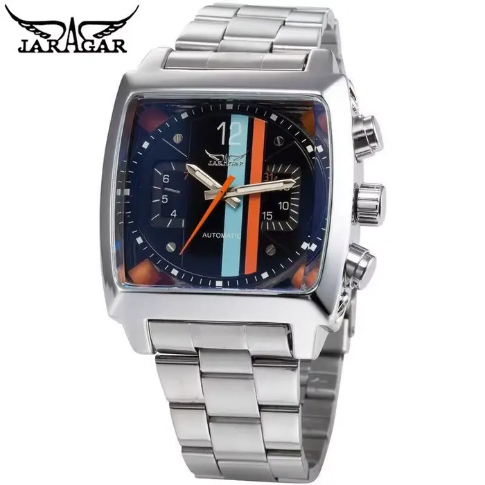JARAGAR 569 mécanisme d'horloge hommes montre mécanique automatique rétro carré Date semaine étanche bracelet en acier loisirs montre-bracelet