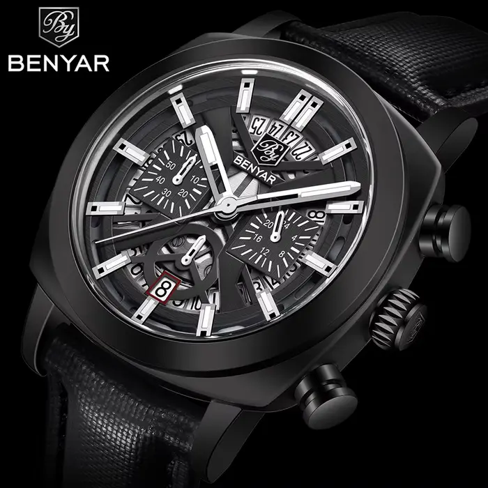 Benyar Design 2025 montre à Quartz pour hommes 43mm cadran lumineux 50m résistant à l'eau Anti-reflet chronographe