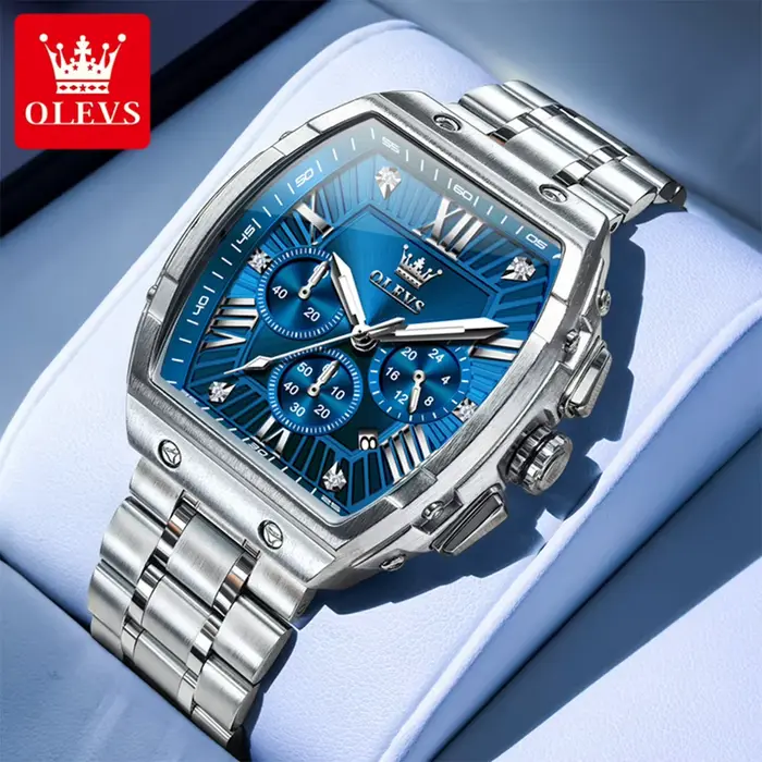 OLEVS nouveau Design Tonneau montre hommes lumineux étanche Date en acier inoxydable chronographe montres à Quartz