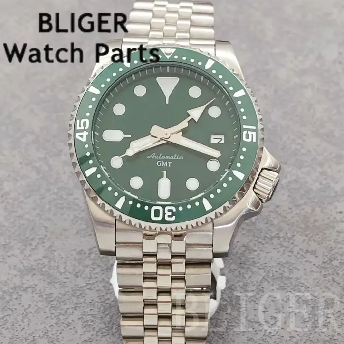 BLIGER 40mm GMT montre pour hommes NH34 mouvement automatique 3.8 couronne cadran vert insérer 10Bar étanche nouveau