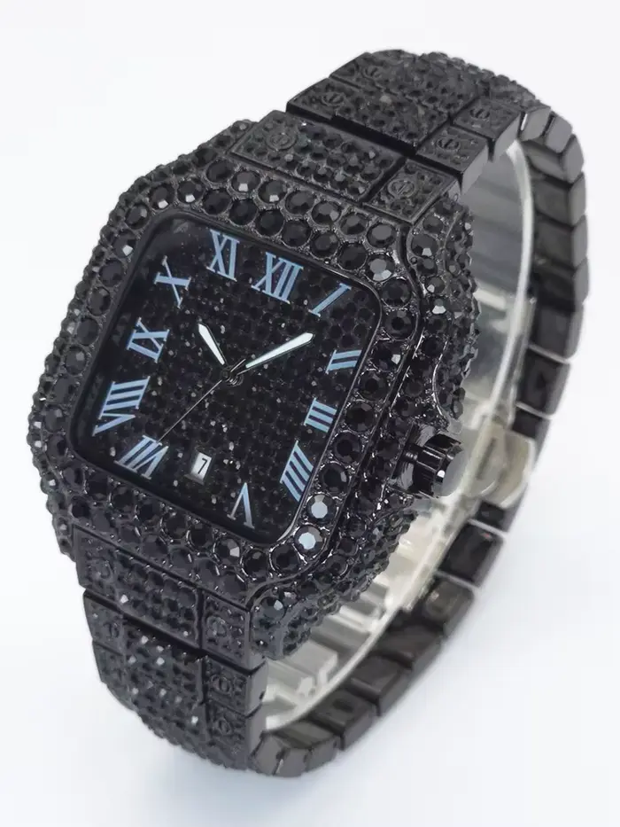 Montre noire pour hommes Hip Hop diamant Cool mode