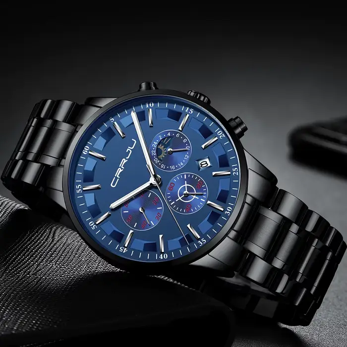 CRRJU-Montre à quartz étanche en acier pour homme, montres de sport, horloge noire, mode d'affaires, marque supérieure, luxe