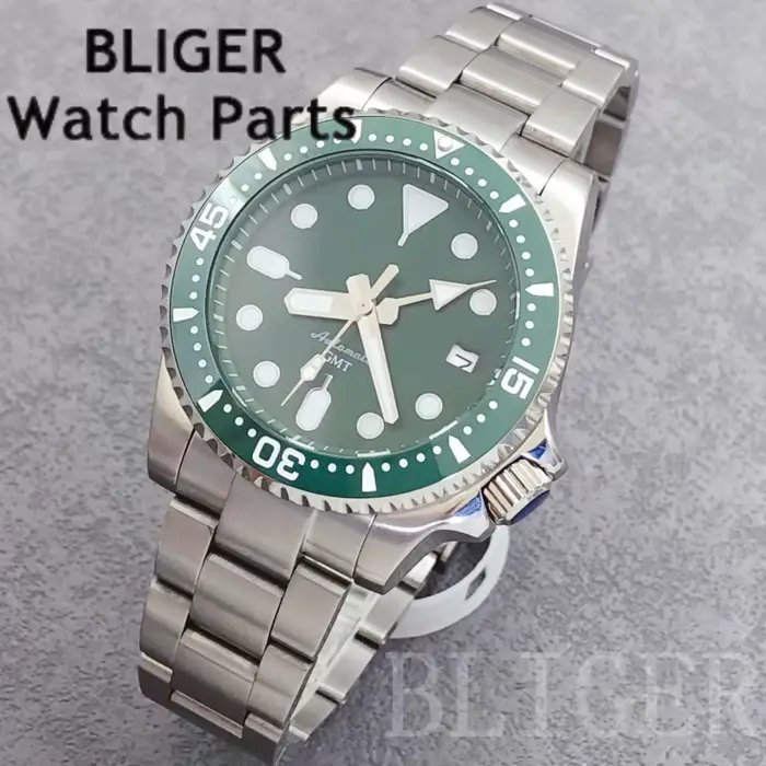 BLIGER 40mm GMT montre pour hommes NH34 mouvement automatique 3.8 couronne cadran vert insérer 10Bar étanche nouveau