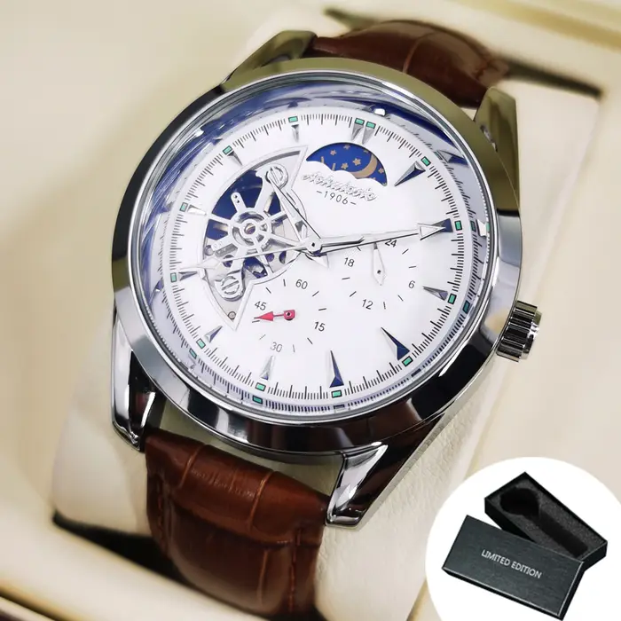 Montre mécanique AOKULASIC avec tourbillon, résistance aux chocs et affichage lumineux pour homme, cuir et acier inoxydable, parfait pour occasions spéciales et quotidien