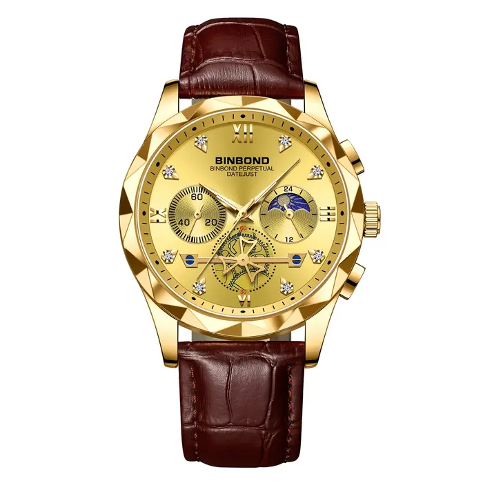 Montres-bracelets pour hommes BINBOND, bracelet en cuir véritable, luxe, quartz précis, lumineuses,